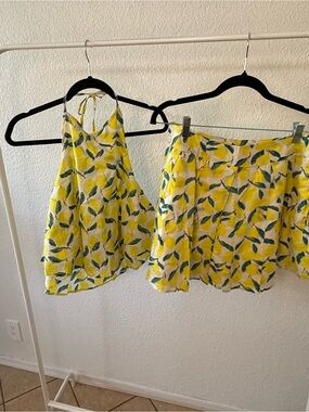 Women’s Yellow Lemon Print Halter Tank Top and Skirt Set